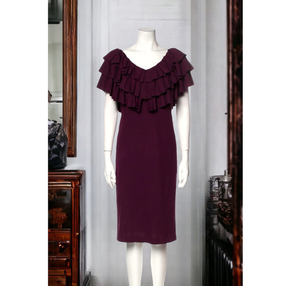 PORTS 1961 Dress Ruffles V-Neck and‎ V-Back Size 4 Burgundy Sheath Retail $1,200 - Picture 1 of 8